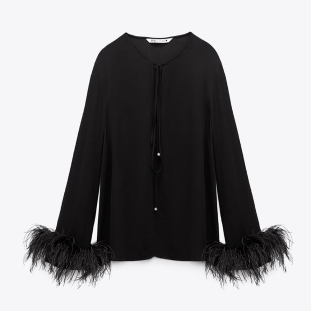 ZARA Flowing Blouse with Feathers Black Size m